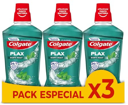 Colgate Plax Soft Mint Mundspülung, Packung mit 3 x 500 ml, antibakteriell, enthält Fluor, effektiver 24H Kariesschutz, alkoholfrei, frischer Atem, gesünderer Mund
