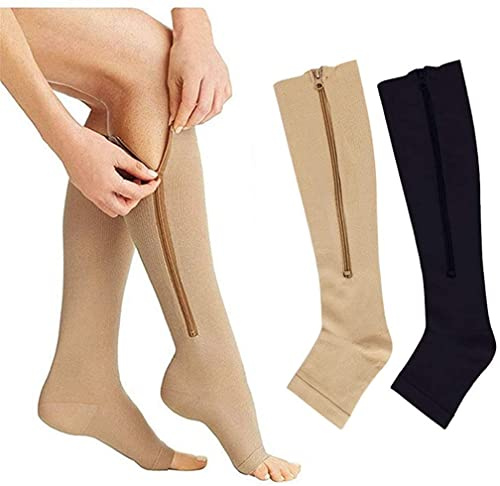 GIVBRO Calze a compressione con cerniera, elastiche, per gambe, unisex, per vene varicose, edema, gonfiore e dolore alle gambe, 2 paia