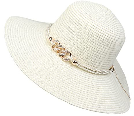 YiyiLai Femme Capeline Pliable Chapeau de Paille Eté Anti-Soleil Plage Mariage Camping Blanc Cordon