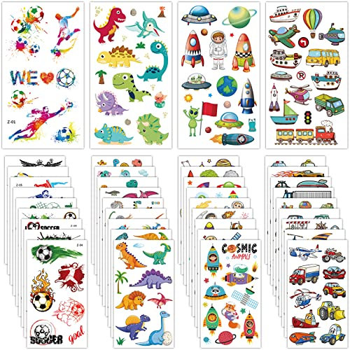Habett Tattoo Kinder 40 Blätt Temporäre Tattoo Set, Jungen Dinosaurier Weltraum Transport Fußball Klebetattoos Perfekt für Kindergeburtstag Party Mitgebsel Hautfreundliche Temporäre Kindertattoos