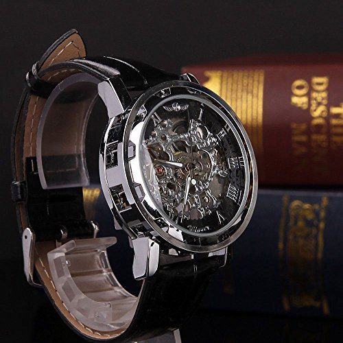 Men Watch Classic Men's Black Leather Dial Skeleton Mechanical Sport Wrist Watch Small Watches for Men (Black, One Size)