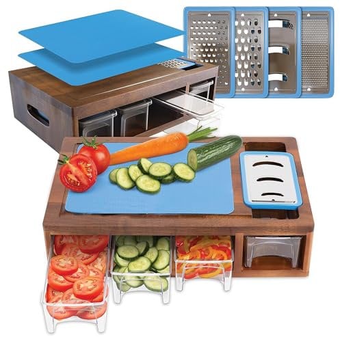 Granted By Grace Acacia Cutting Board with Containers & Lids - Board Meal Prep System w 4 Graters, 2 Plastic Chopping Board for Meat, Juice Grooves & More - Cutting Board Prep Station for Kitchen