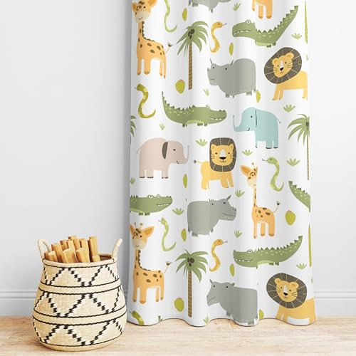 Kinderzimmer Safari Tiere Vorhänge, Baby Junge Mädchen Kinder Wald Dschungel Wald Löwe Elefant bedruckte Vorhänge für Wohnzimmer Schlafzimmer Fenster Vorhänge 2 Panel Sets 107,7 x 160,9 cm