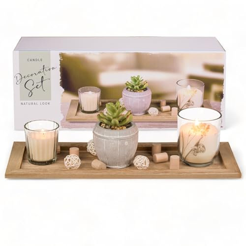 MIJOMA Lot de 2 bougies décoratives élégantes dans un pot en céramique - Décoration élégante en bois sur plateau en bois naturel - Ambiance pour votre maison (environ 36 x 14 cm)