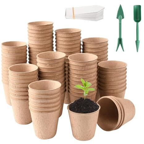Lotvic 100 Pcs 8cm Biodegradable Plant Pots, Fibre Seeding Pots with 100Pcs Plastic Plant Labels and Widger & Dibber, Compostable Seed Pots for Seedling Vegetables Succulents Plants Fruit Flower