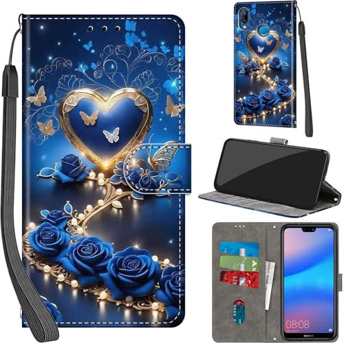 Handyhülle für Huawei P20 Lite Hüllen Premium Leder Case Klappbar Wallet Magnet Kartenfach Standfunktion Schutzhülle kompatibel mit Huawei P20 Lite Cover,Blaue Rose
