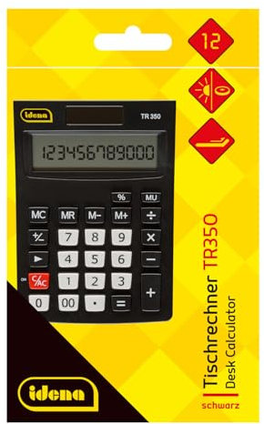 Idena 11095 - Tischrechner TR350 in Schwarz, Taschenrechner solarbetrieben inkl. Batterie, Bürorechner in Schwarz mit 12-stelligem, angewinkeltem Display, ca. 14,4 x 10,3 x 2 cm
