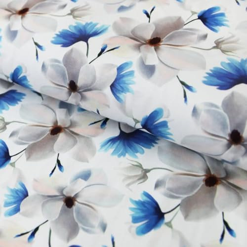 Jersey Stoff bedruckt weiße Blüten mit Kornblumen - Modestoff - Jersey Stoff - Baumwolljersey ab 25 cm Länge