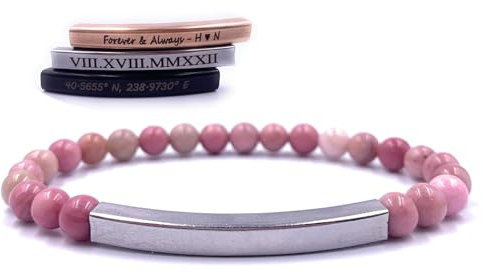 Armbänder mit Individueller Gravur des Namens Textes, Personalisiertes Stretch-Armband mit Natursteinperlen für Frauen, Lasergravierter Edelstahlstab, Schmuckgeschenke für Paare, 6mm (Rhodonite)
