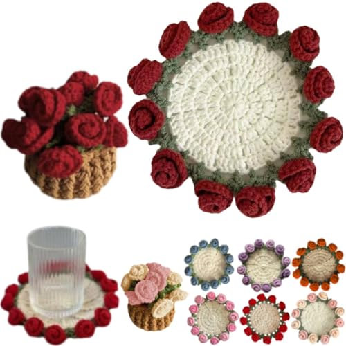 Crochet Flower Blanket Coasters, DIY Handmade Vintage Crochet Flower Bouquet-Material Pack, Rose Bouquet Coaster, Knitted Decorative Coasters Gifts for Mother's Day Birthday Home Decor (Win Red)