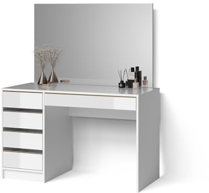 Livinity Schminktisch Imola, Weiß/Gold 120 cm | ✓ Spiegel · 5 Schubladen · Freistehend · Grifflose Optik · Geräumige Tischplatte