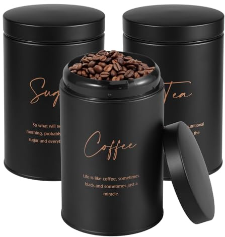 BAODBF Zuckerdosen Set 3,Behälter mit Deckel,Kaffee Zucker Tee Dose Set,Platzsparendes Aufbewahrungsbehälter,Vorratsdosen für Kaffee,Tee & Zucker(Schwarz)