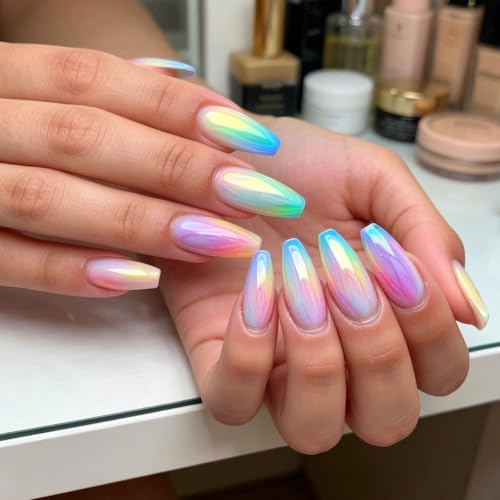 24Pcs Chrome Press on Nails Medium Coffin, Rainbow Aurora Fake Nails Set, Glossy Full Cover Stick On Nails, Reusable Artificial Nails for Women DIY Manicure