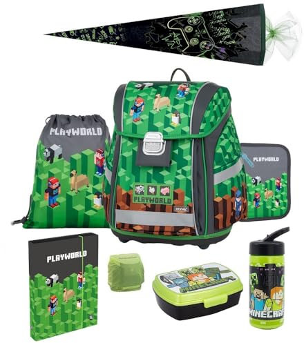 Familando Jungen Schulranzen 1. Klasse · Playworld Gaming Pixel Schultasche · ergonomisch & leicht · Schulranzen-Set (8-teilig mit Schultüte)