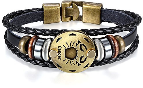 JewelryWe Schmuck Herren Damen Krebs Armband, 12 Tierkreis Sternzeichen Horoskop Charms Druckknopf Armreif, Leder Legierung, schwarz