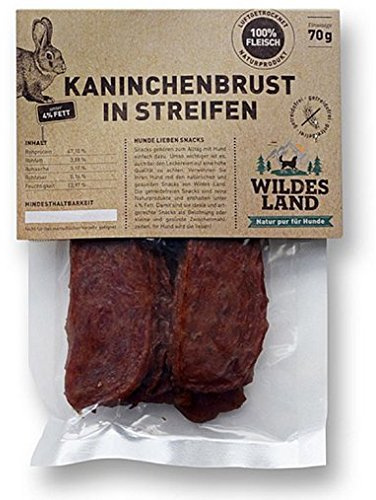Wildes Land - Kaninchenfleisch in Streifen - 70 g - Extra viel Fleisch (93%) - Getreide- und glutenfrei - Unter 4% Fett - Für Hunde und Katzen
