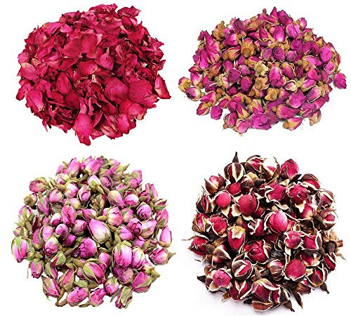 TooGet Flower Petals and Buds Variety Rose 4 Bags includes Rose Petals, Rose Buds, Rosa Damascena, Golden-rim Rose, Green Tea Bulk Flower