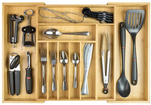 KitchenEdge Premium Besteck-, Besteck- und Utensilien-Organizer für Küchenschubladen, erweiterbar auf 63 cm Breite, 10 Fächer, 100% Bambus
