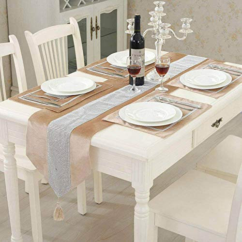 Time to Sparkle Set of 1 Velvet Table Runner + 6 Placemat Table Mats Thick Velvet Satin Tasseled Xmas (Velvet-champagne, 6*Placemats + 1*Runner)
