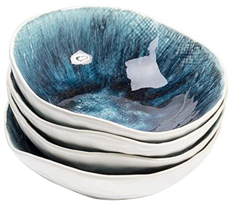 Kare Design Schüssel Mustique, Geschirr-Set, 4-teilig, Blau, 17cm Durchmesser, 628 ml Füllmenge, Handgearbeitet, Mikrowellenfest, Spülmaschinenfest, Pflegeleicht, Geschirr, Keramik Steingut Glasiert