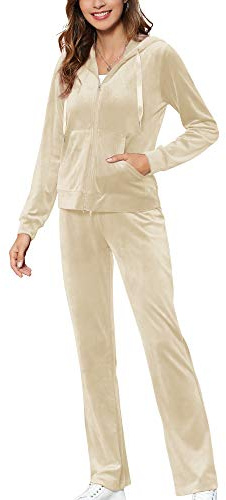 MessBebe Tuta Donna da Ginnastica in Velluto Sportiva Due Pezzi Giacca con Chiusura Lampo e Pantaloni Lunghi Jogging Training Casa Pigiama Set Beige XXL