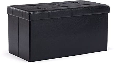 HNNHOME 76 x 38 x 38cm Folding Storage Ottoman Bench,Chest Toy Box, Padded Faux Leather Footstool Footrest with Lids (Meduim, Black)
