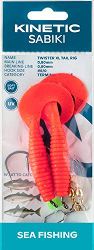 Sabiki Kinetic Twister XL Tail Rig - Vorfach mit 2 großen Twistern, Länge 130cm, Haken 8/0, 3 Farben, Schnur 0,80mm (Red/Black/Gold)