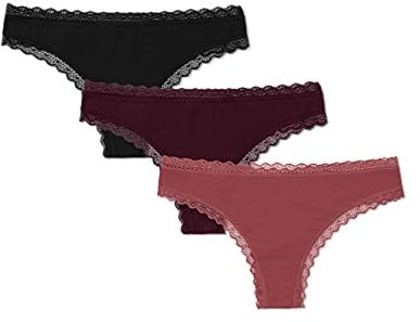 Snocks Tanga Damen mit Spitze aus Bio-Baumwolle 3er Pack - String Damen Klassisches Design - Angenehmes Tragegefühl ohne Einschneiden - Unsichtbare Unterwäsche - Mauve/Weinrot/Schwarz - XL