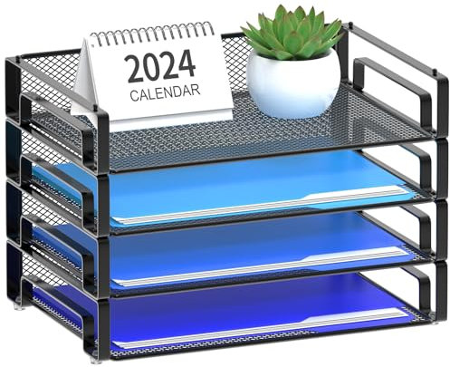 Samstar 4 Pack Stackable Letter Paper Tray, Desk File Organizer Paper Sorter for Letter/A4 Size Folders Documents, Mesh Made