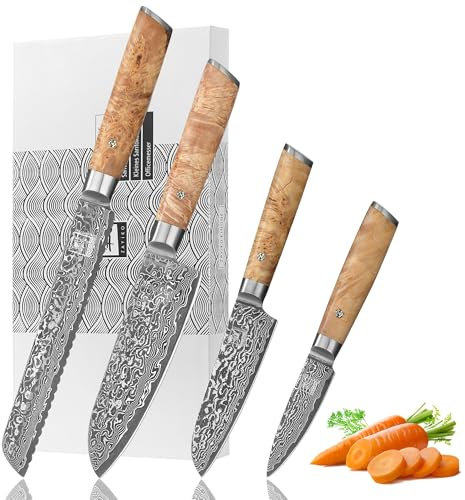 zayiko Kinone Premium 4er Damastmesser-Set mit 8-20 cm Klinge gefertigt aus 67 Lagen echtem Damaststahl mit Wurzelholzgriff Birke I Damastmesser Küchenmesser und Profi Kochmesser