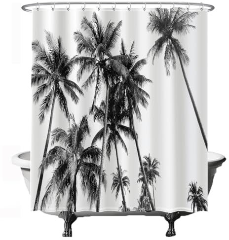 Ulticool - Rideau de Douche - Plage Naturelle Rétro Vintage Palme Art Noir Blanc - 180 x 200 cm - Lavable - Anti Moisissure - Imperméable - avec 12 Anneaux