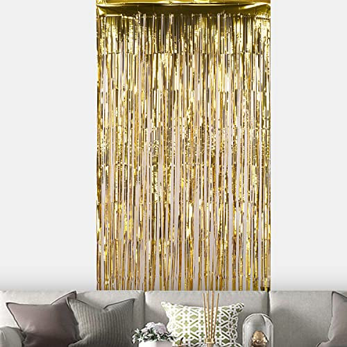 WedDecor 3ft x 6.5ft Gold Tinsel Foil Fringe Curtains Glitter Metallic Tinsel Curtains Hanging Streamers for Birthday Party Decoration Wedding Photo Backdrop Christmas Baby Shower, 1 Pack