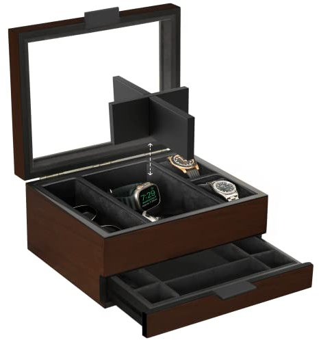CASE ELEGANCE Uhrenbox mit 8 Fächern für Herren, Kirschholz-Walnuss-Finish, Uhrenvitrine, modulares Valet-Tablett, Apple Watch kompatibel mit Apple Watch-Ständer – Braun