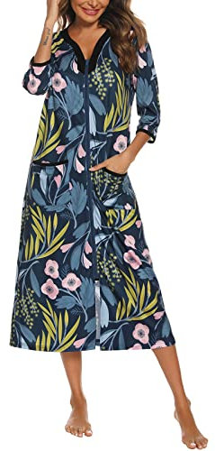 Rubehoow Women's Zipper Robes Half Sleeve Robe Full Length Lightweight Housecoats with Pockets(Floral 3,S)
