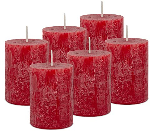 DecoLite: 6 x Rustik Stumpenkerzen 80/60 mm Safe Candle Selbstverlöschend. Brenndauer ca. 25 Stunden - 100% made in Germany von Wenzel Kerzen - RAL Zertifiziert (rot)