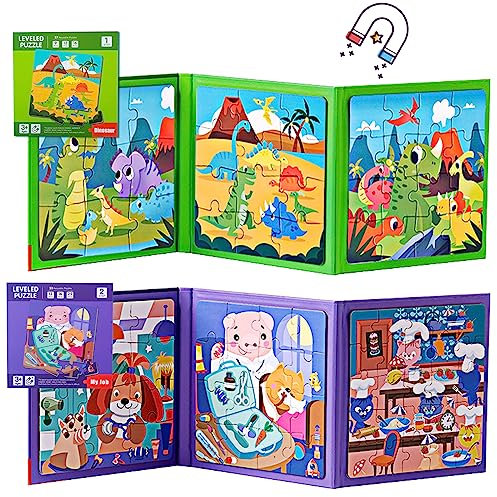 shineFinder 90 Teile Magnetspiel Puzzle - reisespiele Kinder ab 3 4 5 Jahre - fur beschäftigung im Flugzeug/autofahrt Kinder (2 Stück, Dino+Beruf)