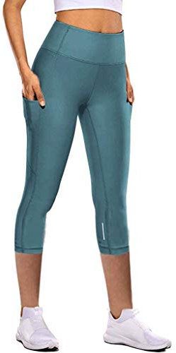 Sport Leggings Damen Tasche Capri 3/4 High Waist Elastische Blickdicht Übergröße Sport Leggins mit Seitentaschen für Yoga Freizeit (02 Blau, L)