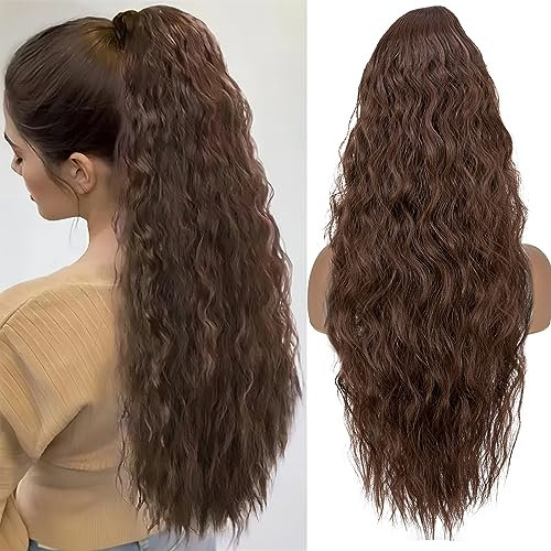 TESS Lange Pferdeschwanz Haarteil mit Kordelzug 80cm, Corn Wave Lockige Synthetische Ponytail Extension, Haarverlängerung Clip in Haarteile Haarzopf für Frauen Hellbraun
