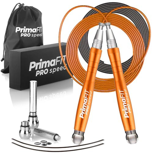 PrimaFIT Springseil Erwachsene Fitness Pro Speed Jump Rope 3m Seilspringen Verstellbar Mit Gewichten, 2 Kugellager & Anti-Rutsch Griffe, Profi Skipping Für Boxen, MMA, Crossfit, Extra Stahlseil,Tasche