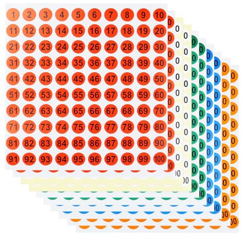 Zahlenaufkleber 10 Blatt 1-100 Selbstklebende Zahlenetiketten Kleine Runde Zahlenaufkleber Aufkleben Zahlen zum Sortieren und Organisieren, 10mm, 5 Farben