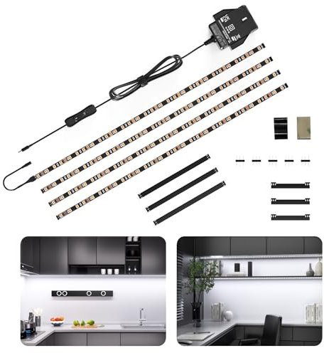 WOBANE Under Cabinet Lighting Kit,White 2m Flexible LED Ribbon Lights Bar,Under Counter Lights for Kitchen,Cupboard,Desk,Showcase,Shelf,LED Rope Light Set,12v,120 LEDs,1200lm,4 Panel,6000K,Black