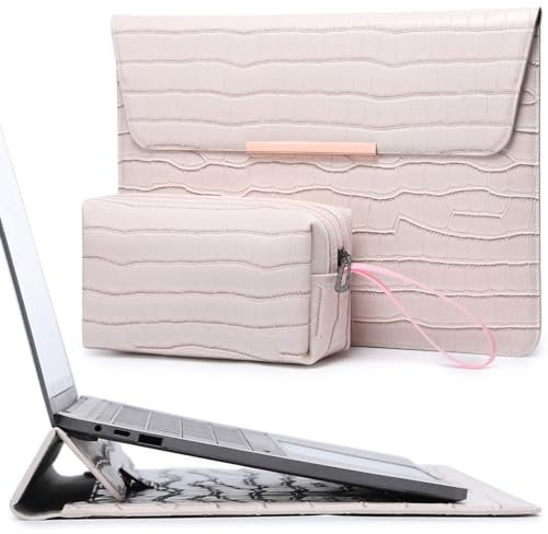 HYZUO 15 Pulgadas Mujer Elegante Funda para Portátil con Soporte para MacBook Air/Pro 15 M4 M3 A3241 A3114 M2 A2941 2025-2023, 15 Surface Laptop, con Bolsa de Accesorios, Patrón Cocodrilo Albaricoque