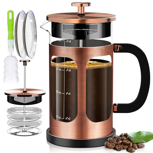 YMMIND French Press Kaffeebereiter (1,5 l 5–6 Tassen) Kaffeepresse, mit 4 Filtersystem, hitzebeständiges dickes Borosilikatglas, kaltgebrühter Kaffee, Teekanne, Geschenke (Kupfer), D-FP4-34oz-C