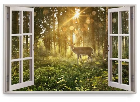 Paul Sinus Wandbild 120x80cm Fensterbild Natur Hirsch Wald Sonnenstrahl Bäume