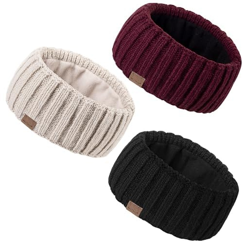 MUTKIS Lot de 3 bandeaux d'hiver pour femme, cache-oreilles pour femme, bandeau tricoté en laine épaisse doublé en polaire, cache-oreilles chauds pour temps froid (noir, beige et bordeaux)