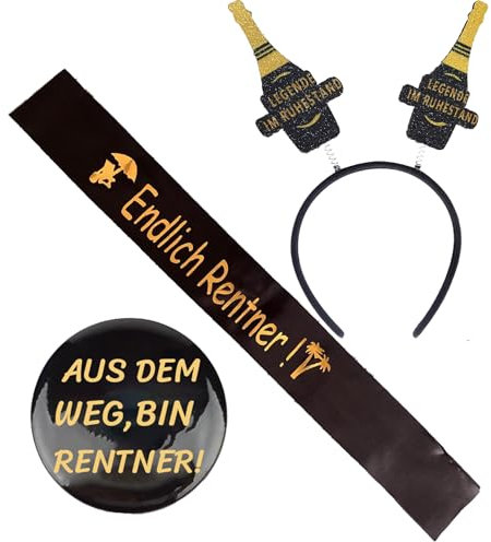 3Pcs Rentner Schärpe Haarreif und Button Ruhestand Schärpe Ruhestand Geschenk Ruhestand Dekoration Rente 2025 Deko Schwarz Gold Legende im Ruhestand für Ruhestand Pensionierung Abschiedsfeier