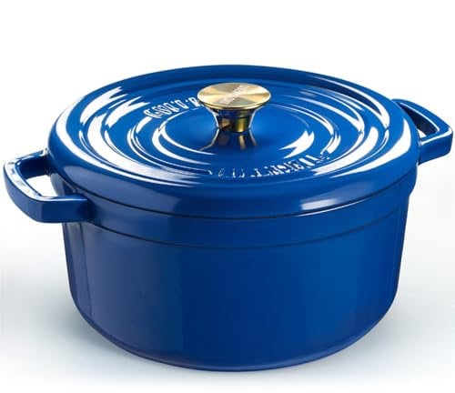 Overmont Cocotte en fonte émaillée – Casserole de 5 l avec couvercle – Livre de cuisine et maniques en coton – Batterie de cuisine robuste pour braiser, ragoûts, rôtir, cuire du pain, bleu