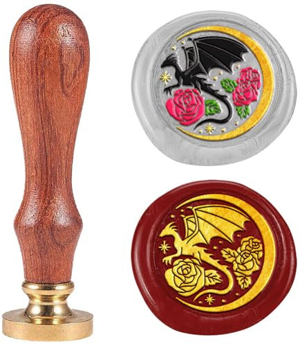 DELORIGIN Wachssiegelstempel Drache Und Rose Siegelstempel Im Retro Stil 25mm Siegelstempel Personalisiert Abnehmbarer Messingkopf Mit Holzgriff Für Umschläge Geschenke Briefe Einladungen Dekoration