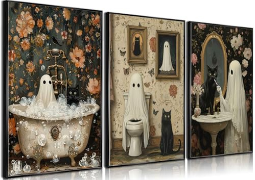 Halloween-Geister, Poster, Wandkunst, Horror, Geist und schwarze Katze im Badezimmer, Wanddekoration, Bilder, Retro-Horror, gruselig, dunkel, akademische Drucke für Badezimmer, Galerie, Heimdekoration