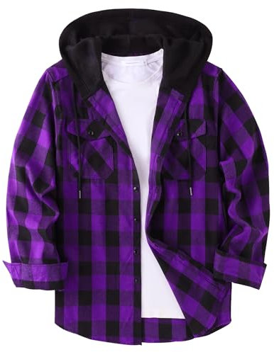 GEEK LIGHTING Men's Plaid Shirt Checked Mens Flannel Shirt Button Down Long Sleeve with Drawstring Casual Double Chest Pockets Classic Lumberjacke Jacket M Purple